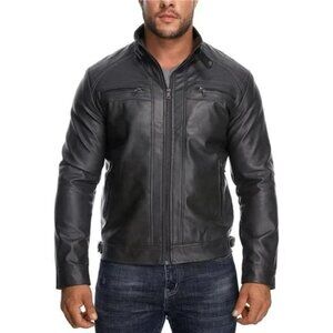 New Men’s Stand Collar Leather Jacket Coat with Zipper Pockets